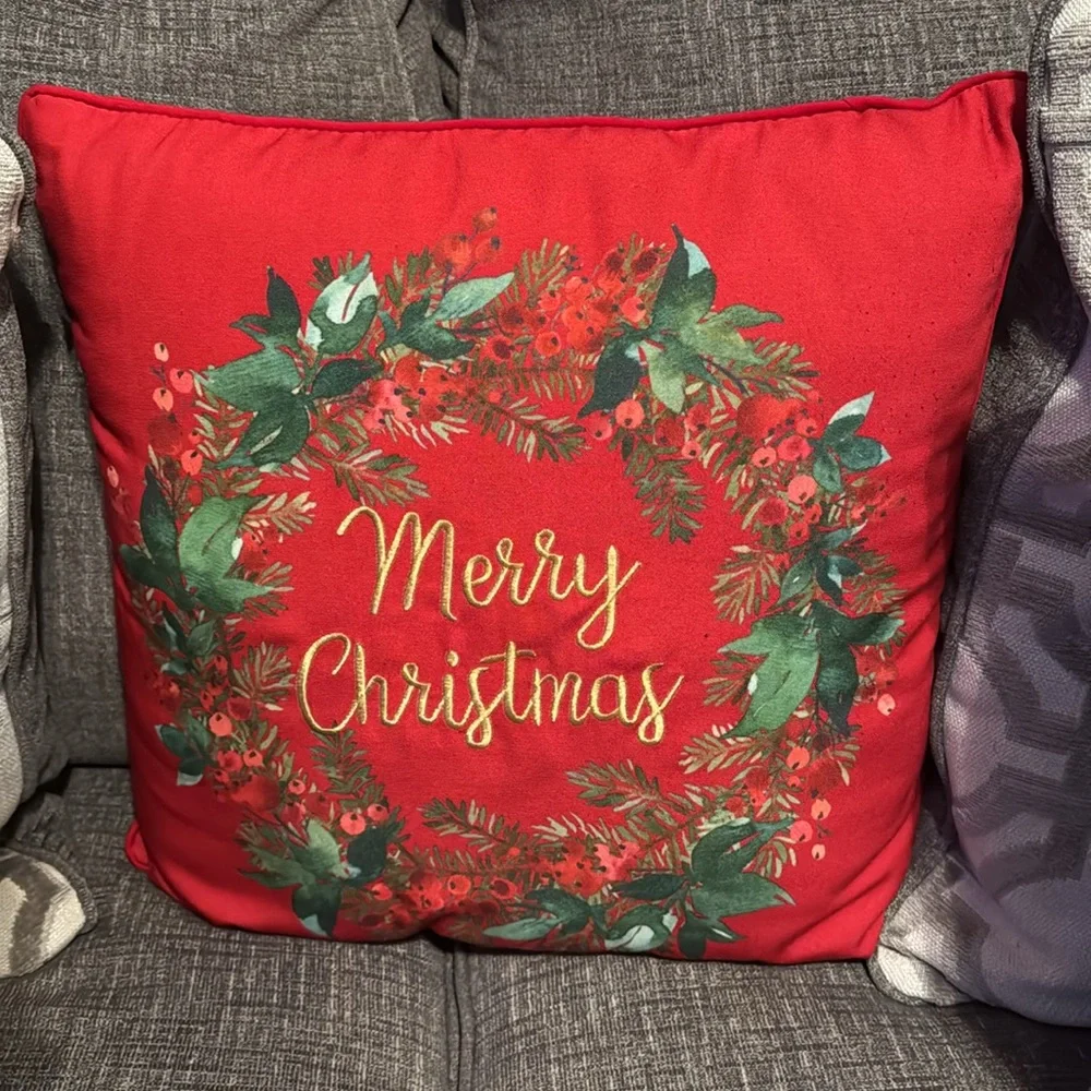 Merry Christmas Embroidered Holiday Throw 16x16” Pillow Home Decor